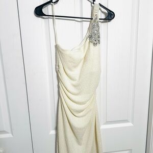 Cream One-Shoulder Cocktail Dress with Embellished Shoulder